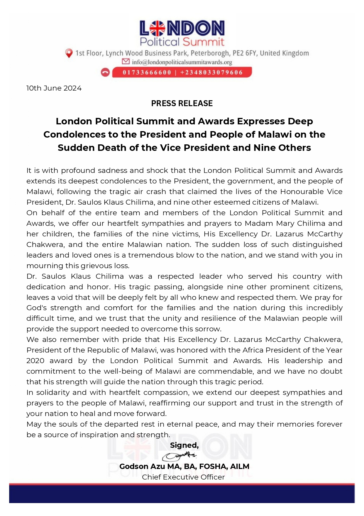 London Political Summit and Awards Expresses Deep Condolences to the President and People of Malawi on the Sudden Death of the Vice President and Nine Others