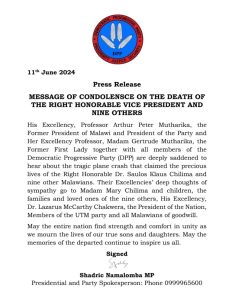 Read more about the article MESSAGE OF CONDOLENSCE ON THE DEATH OF THE RIGHT HONORABLE VICE PRESIDENT AND NINE OTHERS