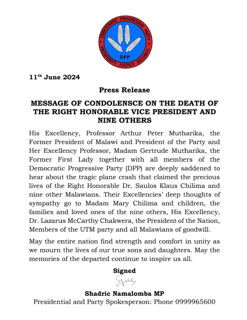MESSAGE OF CONDOLENSCE ON THE DEATH OF THE RIGHT HONORABLE VICE PRESIDENT AND NINE OTHERS