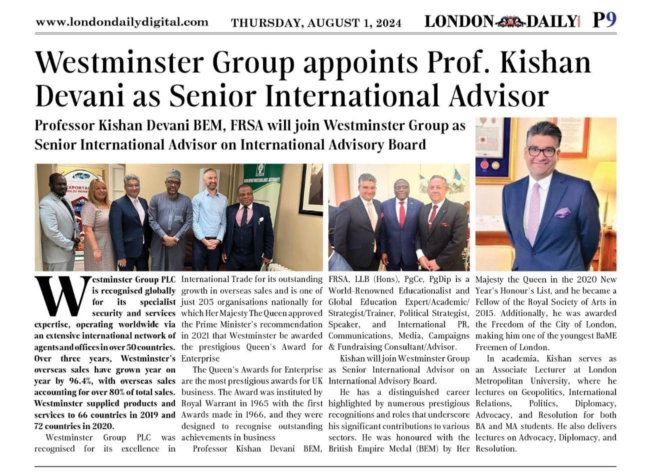 You are currently viewing Celebrating a Prestigious Appointment: Prof. Kishan Devani Joins Westminster Group PLC as Senior International Advisor