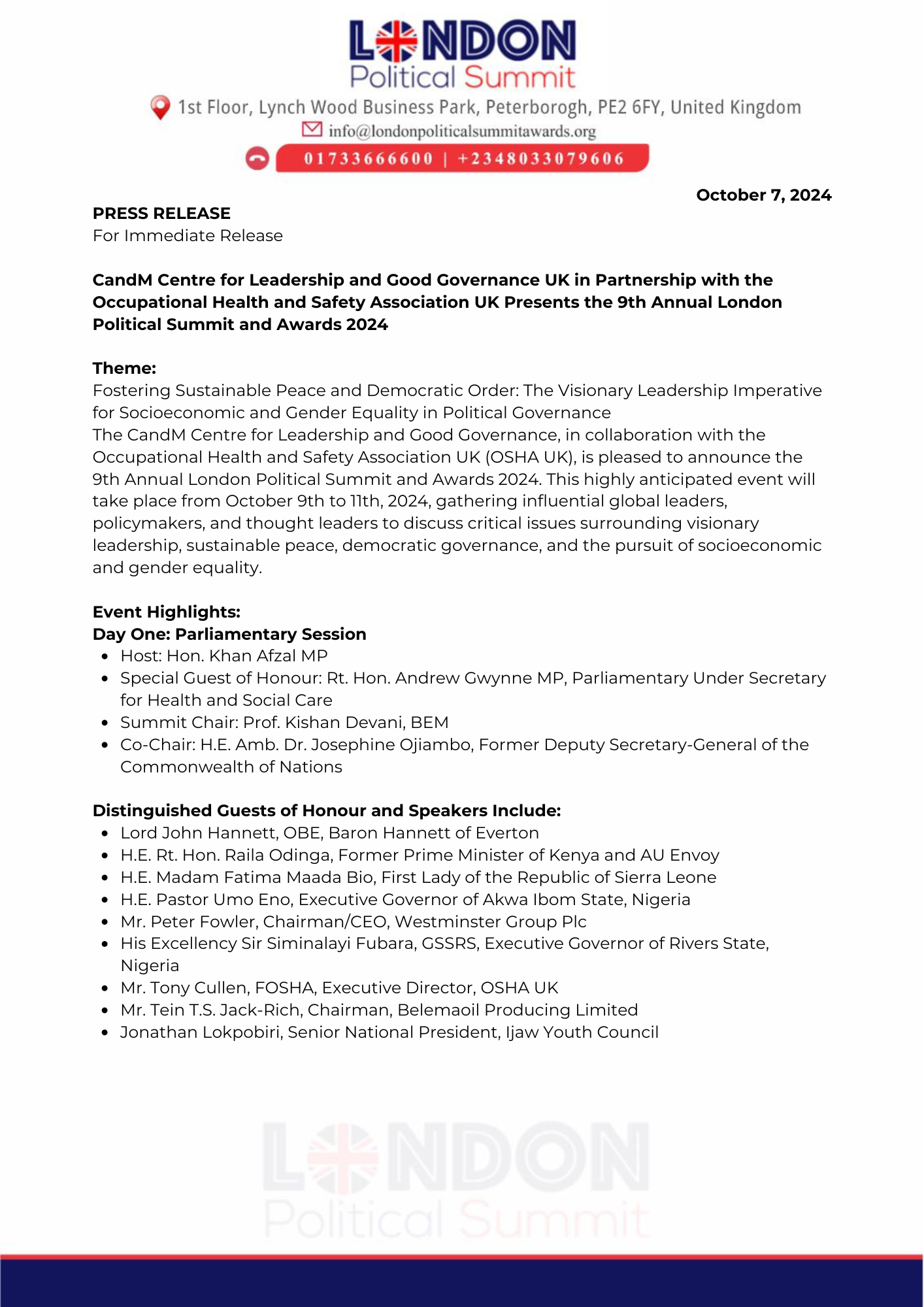 You are currently viewing PRESS RELEASE: C&M Centre for Leadership and Good Governance UK in Partnership with the Occupational Health and Safety Association UK Presents the 9th Annual London Political Summit and Awards 2024