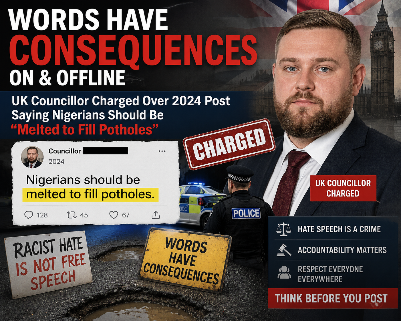 You are currently viewing WORDS HAVE CONSEQUENCES ON & OFFLINE – UK Councillor Charged Over 2024 Post Saying Nigerians Should Be “Melted to Fill Potholes” – Ambassador Uzo Owunne